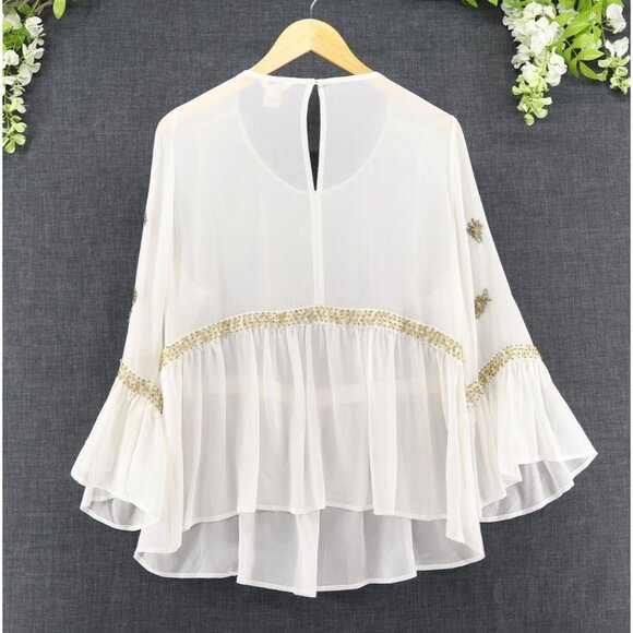 Sundance Women's Bohemian Embellished Peplum Hem Silk Blouse Off White/Gold L - Picture 2 of 9